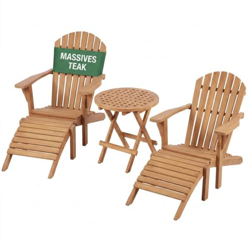 MR. DEKO Gartenmöbelset Teak Sessel Montreal & Beistelltisch Dorset | 2X Adirondack Deckchair Massivholz | Zertifiziertes Plantagen-Teak | Gartenliege-Set mit Fußhocker | Outdoor-Set Natur-Holz