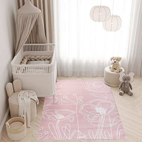 TAPISO Pinky Tapis de Chambre Enfant Bébé Fille Garçon Adulte Design Moderne Rose Blanc Motif Fleurs Feuilles Tapis de Jeu Poil Court Fin Doux Lisse Résistant 140 x 200 cm
