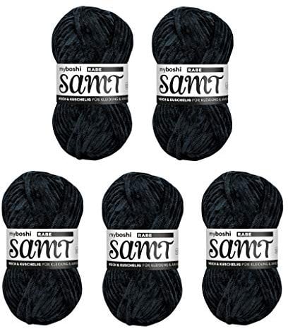 myboshi Samt Wolle zum Häkeln und Stricken, weiche Chenille Wolle im XXL-Knäuel, perfekt für Amigurumi und Kissen, 100% flauschige Polyester, 100g, Ll 100m Schwarz (Rabe) 5 Knäuel