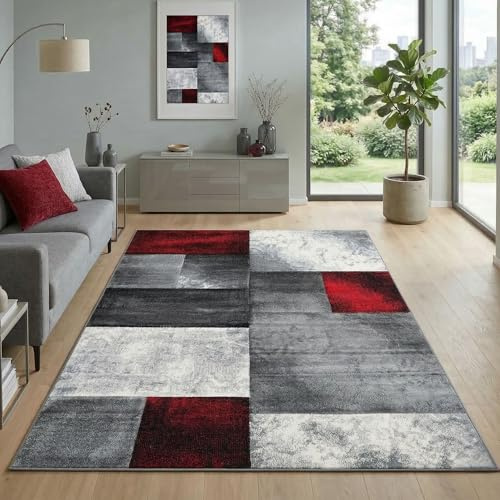 Carpetsale24 Teppich 160x230 cm Kurzflor Konturenschnitt in Rot Grau Weiß Kariertes Design, Waschbar, Pflegeleicht, Extra Weich Für Wohnzimmer, Esszimmer, Schlafzimmer