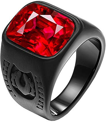 HIJONES Herren Quadrat Rot Glas Stein Hochzeit Ring Geschnitzt Schwarz Größe 62