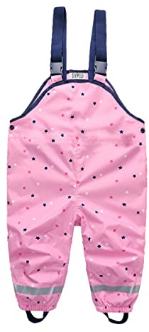 DAWILS Kids Rain Trousers Bib Pants Waterproof Overall Trousers Girls Mud Pants Toddler Puddle Suit for Outdoor Play 6-7 Years Pink
