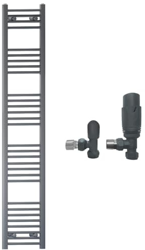 400mm Wide Straight Anthracite Grey Heated Bathroom Towel Rail Radiator With Valves For Central Heating UK (With TRV Angled Valves, 400 x 1700 mm (h))