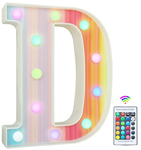Rainbow Light Up Letters, Colorful LED Letter Lights 16 Color Changing Alphabet Sign Gifts for Girls Women Party Birthday Decorations Remote Night Light Christmas Valentine Wall Table Decor - D