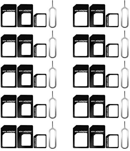 Lot de 10 adaptateurs de carte SIM, 4 en 1 Nano Micro Standard Convertisseur Kit avec plateau SIM en acier, broche d'éjection 1, noir