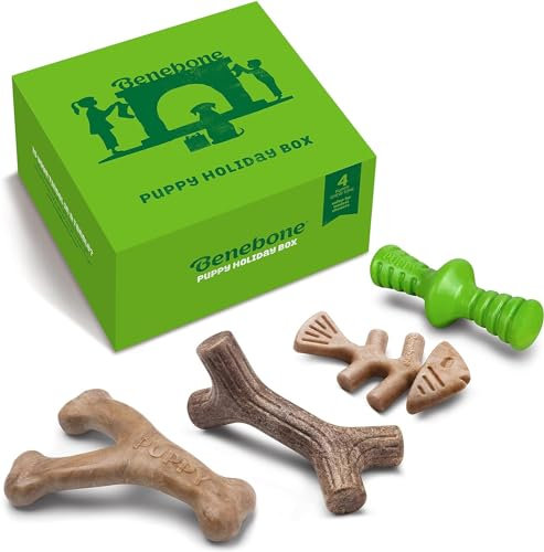 Benebone Puppy Unzerstörbare Hundekauspielzeug Geschenkbox für aggressive Kauer mit Querlenker, Fischgräten, Stock & Zaggler, lang anhaltende Langeweile Brecher, Aromen, für Welpen,