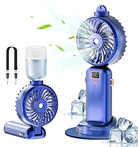 Bseical Ventilador Portatil Agua 5000mAh, Mini Ventilador de Mano, Ventiladores USB Silencioso, Mini Ventilador Portátil Potente, Ventilador Humidificador Plegable 5-Velocidades Recargable (Azul)