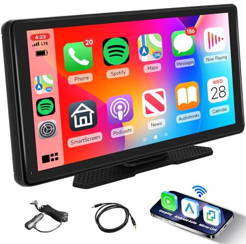 Wireless Carplay Screen Android Auto 10.36 Inch Portable Car Stereo Touch Screen Portable Car Radio with Bluetooth, Airplay,Android Cast,FM Transmitter, Voice Control, Real-time Navi, AUX