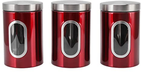 3Pcs Food Storage Jar Stainless Steel Canister Set Coffee Bean Storage Container Decorative Canisters Sugar Coffee Tea Candy Storage Jars for Kitchen Counter Home Decor(Red 3pcs)