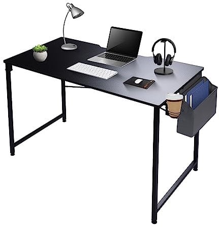 SILVER VALLEY Computer Desk Home Office Writing Desk, Simple Study Table for student and worker, Laptop with Storage Bag, Cup Holder & Headphone Hook (80x50x75cm, Black Carbon Fiber Top)