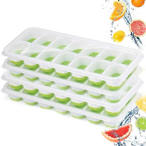 CUQOO Ice Cube Trays with Lids – Durable BPA-Free Freezer Moulds Made from Food-Grade Silicone, Easy-Release Design, LFGB Certified, Odour-Free, Rounded Rectangle, Reusable, 4 pcs Set, Green