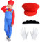ATOWORLD Mario Kostüm Kinder Jungen Mädchen 128 134 140 mit Mario Mütze Schnurrbärte Handschuhe Mario und Luigi Kostüm Kinder Jungen Mädchen Halloween kostüme für Cosplay Mario Luigi L