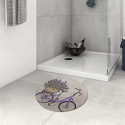 DHAEY Badezimmerteppich rutschfest Violett-lila Fahrrad mit Lavendel-Blumen-Blumenstrauß im Retro-Korb Waschbar Teppich rund Weich Flauschig Badteppich Weich Kurzflor Mikrofaser Badvorleger 60 cm