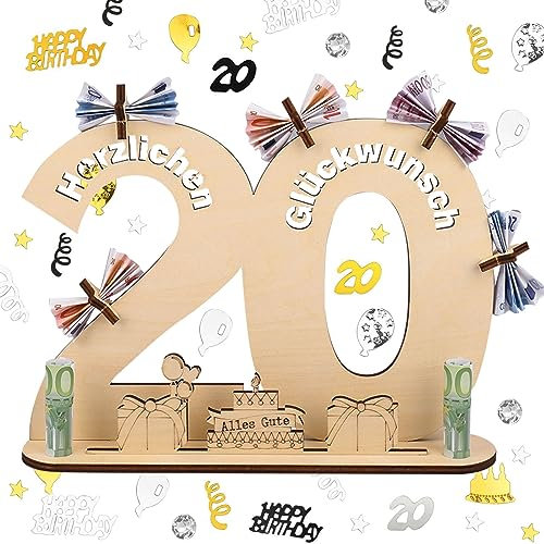 ERBO Holzschild Gästebuch, 20 Geburtstag Deko Konfetti Frau Mann, Gästebuch mit Ständer und 5 Holzpentagramme, Geldgeschenke Geburtstag, Geburtstagskarte, Geschenke Schild 20 Jahre Hochzeitstag