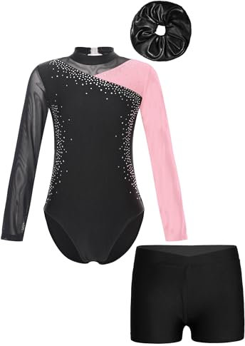 FEESHOW Kinder Turnanzug Mit Hose Mädchen Turntrikot Langarm Gymnastik Body Shorts Haargummi Set Ballett Tanzoutfit Trainingsanzüge Rosa&Haargummi 134-140