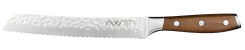 Rockingham Forge Ashwood 20cm Serrated Bread Knife – Professional Chef Kitchen Ultra Sharp German Stainless Steel Blade - Non-Stick Hammered Finish - Durable Full Tang Natural Wood Handle