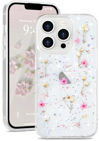 L-FADNUT for iPhone 13 Pro Max Case, Cute Real Dried Flowers with Sparkle Glitter Design, Clear Shockproof Handmade Pressed Floral Phone Case Silicone Bumper Protective Cover for Women Girls Pink