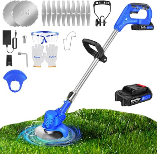 Qimu 21V Garden Strimmer Cordless Strimmer with 1500mAh Batteries, 12pcs Blade Electric Telescopic Brush Cutter Lightweight Grass Trimmer Height Adjustable Metal Blade Strimmer for Gardens Lawns