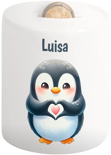 True Statements Süße Kinder-Spardose mit Namen personalisiert „Herz“ – Sparschwein Mädchen & Jungen – Geld-Geschenk Taufe Geburtstag Weihnachten (Pinguin)