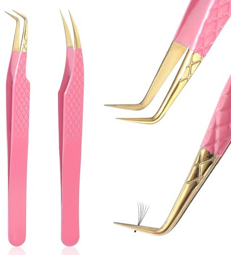 Tyqour Lot de 2 pinces à cils avec pointes incurvées en acier inoxydable - Pince à épiler professionnelle pour extensions de cils - Rose