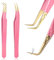 Tyqour Lot de 2 pinces à cils avec pointes incurvées en acier inoxydable - Pince à épiler professionnelle pour extensions de cils - Rose