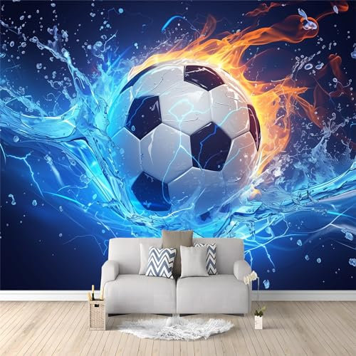 Vlies Fototapete Wasser und Feuer Fußball für moderne Wohnzimmer Schlafzimmer Motivtapeten Wandtapete Tapete Vliestapete UV-Beständig Hohe Auflösung 150 x 105 cm,