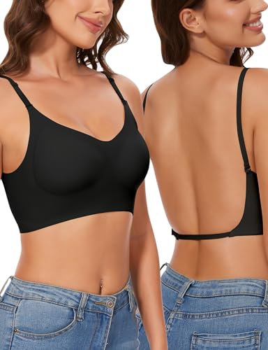 Kiiwah Sujetador Sin Espalda Baja Mujer, Invisible Sujetador Básico con Tirantes Convertible para Vestido y Boda (Negro)