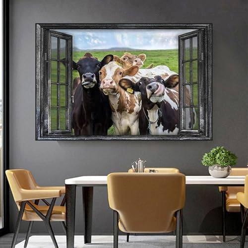 AEEYDDWE Kühe-Poster vor dem Fenster des Bauernhofs,Natürliche Landschaftsbilder Wandbilder für Wohnzimmer Wanddeko,Stilvolle Poster Wanddeko für Wohnzimmer & Schlafzimmer,Ohne Rahmen (80X120CM)