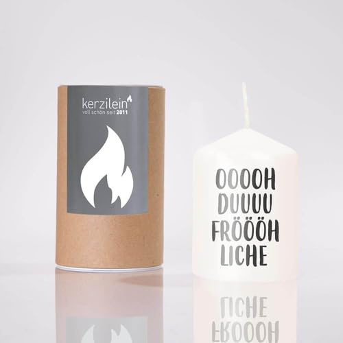 kerzilein Flämmchen OH DU FRÖHLICHE weiß/anthrazit, Stumpenkerze klein 8 x 6 cm, Spruchkerze handveredelt, Geschenkidee zu Weihnachten
