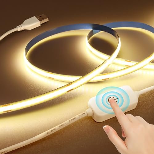 SUCIKORIO COB LED Strip Light Dimmable 5m Warm White 3000K USB LED Strip Lights for Bedroom Adhesive TV Led Lights Backlight Flexible Cuttable COB Led Light Strips 8mm with Dimming Controller