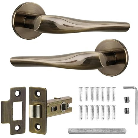Decoranddecor Antique Brass Door Handles Internal – Aluminium Door Handle Sets Brass Door Handles for Wooden Interior Doors | Internal Door Handles with Tubular Mortice Latch | Nanda Range