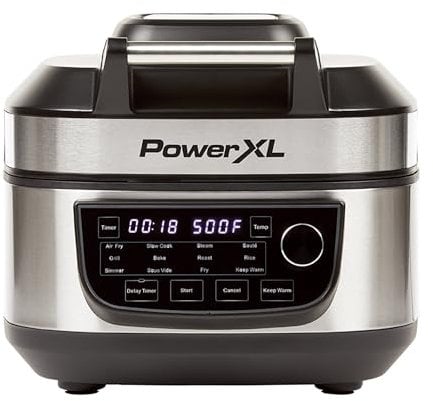 PowerXL Grill Air Fry - Friteuse à air multifonctionnelle et grill, 5,67L cuiseur programmable, 12 fonctions préréglées, 1500W, contrôle LED, couvercle à charnière, facile à nettoyer