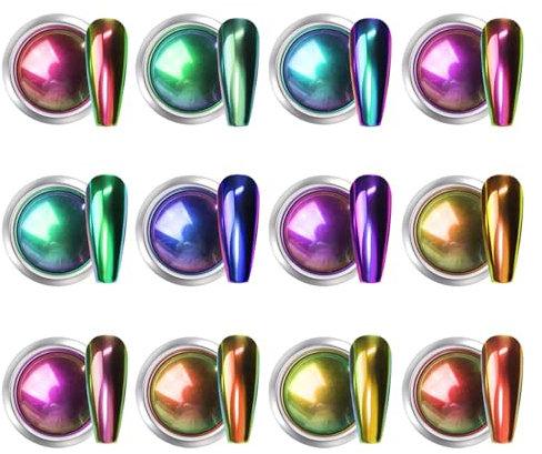 12 Jars Shifting Color Chrome Nail Powder with Mirror Metallic Aurora Finish Holographic Ice Rainbow Nail Chrome Powder for Nails to Decorate