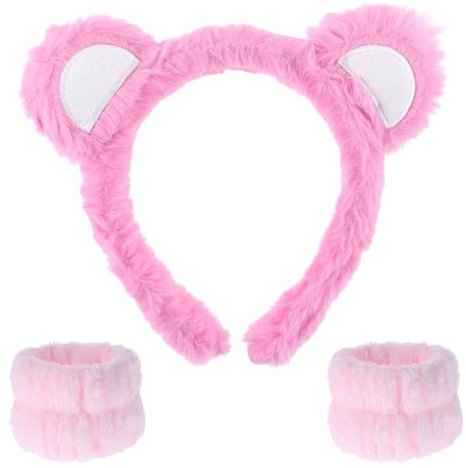 JJUNW Spa Stirnband Mädchen, Weicher Stirnband Waschband Set für Frauen Mädchen, Bärenohren Spa Gesicht Stirnband Handgelenk Waschbänder Set für Hautpflege Gesicht Waschen Make up