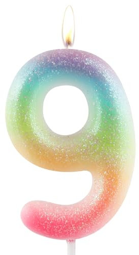 Zolunu Glitter Colorful 9th Birthday Candle, Birthday Number 9 Candle Cake Toppers for Girl Women, Glitter Colorful Themed Party Decorations Supplies Birthday Gifts