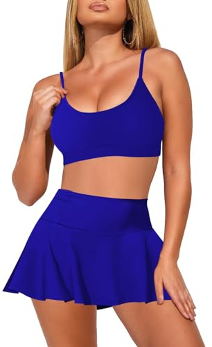 Pink Queen Damen 2-Teilig Bikini Set U-Ausschnitt Spaghetti Straps Hohe Taille Swim Rock Strand Badeanzug Saphirblau L