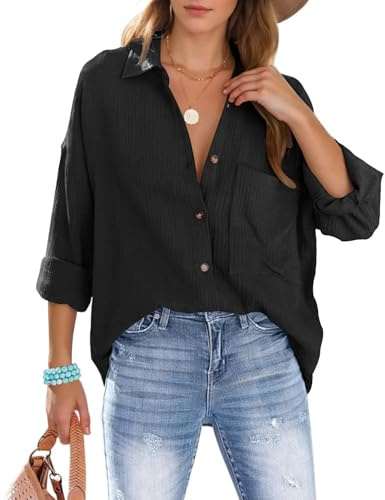 Xnova Camicetta da Donna Bottoni Casual, Cotone Camicia con Scollo a V Colletto Camicie Bluse Maniche Lunghe, Moda Maglietta Top Elegante Camicie con Tasca da Lavoro (Nero, XL)