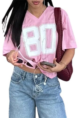 Jersey Shirts for Women Y2k Oversized Number Graphic Tee T-Shirt V Neck Short Sleeve Sport Casual Tops Streetwear (Pink, S)
