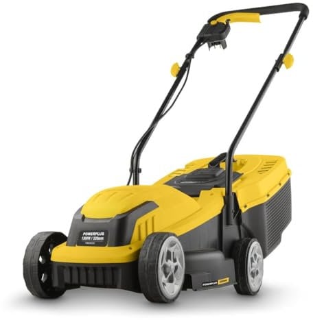 Powerplus Elektro-Rasenmäher POWEG62205 mit 1300 W Motor und (5624) Fangkorb, Rasentrimmer mit Verstellbarer Schnitthöhe, Schnittbreite 320 mm, Garten bis zu 250 m² Rasenflächen, ohne Akku
