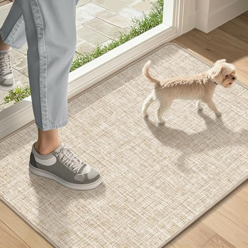 LEKEEPGO Indoor Doormat 43 x 75 cm, Washable Non-Slip Dirt Trapper Mat, Entrance Door Mat, Thin Door Mat, Durable Carpet for Entrance, Front Door, Indoor, Khaki