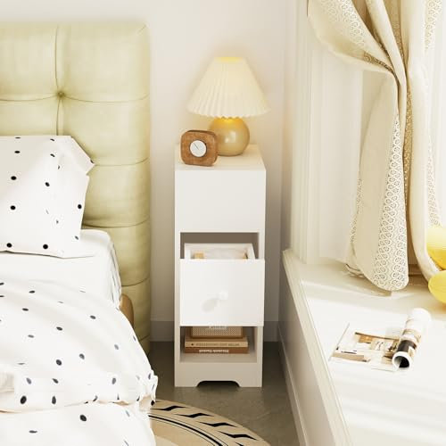 Dripex Slim Bedside Table, Narrow Bedside Cabinet with Storage Drawer, Wooden End Table Space Saving, 4 Tier Nightstand for Bedroom, Living Room, Balcony or Office (White)
