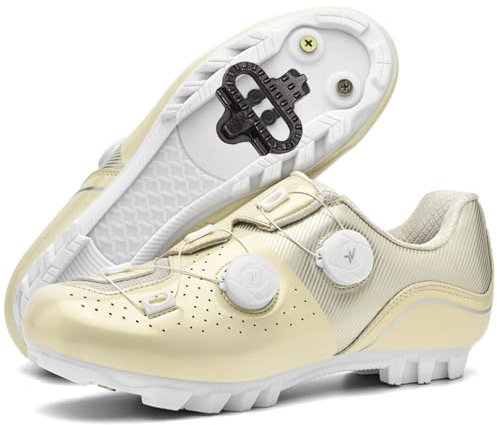 PENXZT Mountainbike Schuhe Herren Damen, Kompatibel mit Shimano SPD 2-Bolts Pedals Anti-Skid Atmungsaktiv Fahrrad Spin MTBschuhe Radsportschuhe,Gold,44 EU