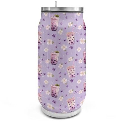 Yexignaon Flower Milk Tea Print Water Bottle Kids Purple Insulated Water Bottle Stainless Steel for School Durable Thermal Flasks Hot Drinks 16Oz Travel Tumbler with Straw and Lid