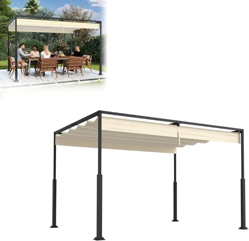 Froadp Pérgola independiente de 3 x 4 m con marco de acero duradero y techo corredizo ajustable de poliéster recubierto de PA de 160 g, resistente a la intemperie con fácil montaje (beige)