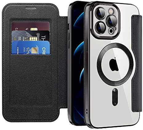 QIWEIQING Magnetische Hülle für iPhone 12 Pro Max Kompatibel mit MagSafe, PU-Leder Flip Portemonnaie mit Kartensteckplatz, Transparente Rückseite Handyhülle für iPhone 12 Pro Max.Schwarz JDC