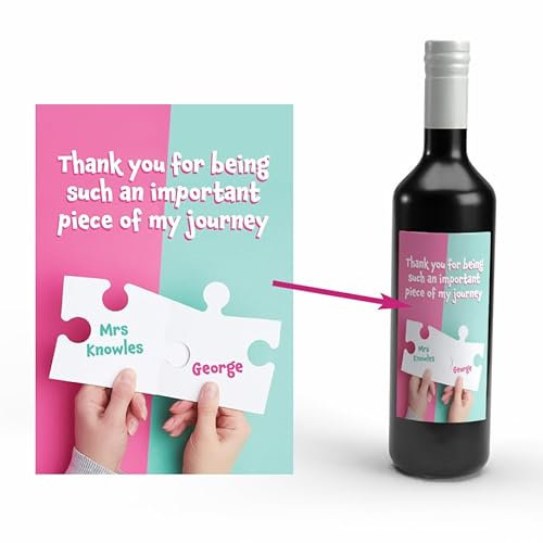 Personalised Teacher Thank You Wine Bottle Label, Pink and Mint Design with Puzzle Piece, Thank You for Being Such an Important Piece of My Journey