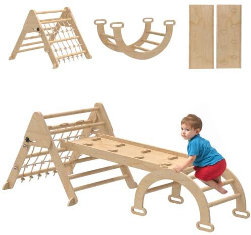 AIYAPLAY Triángulo de Escalada 8 en 1 con rampa Doble Cara, Natural | Arco de escalada de madera de álamo con tobogán y escalera, 18-48 meses, 50kg