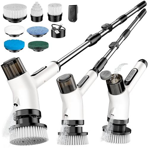Electric Spin Scrubber, FYDEE 7 in 1 Electric Cleaning Brush with 2 Adjustable Speeds and Spray Device, IPX7 Waterproof Bathroom Cleaner Brush, 3000 mAh Power Scrubber for Floors, Windows - Silver