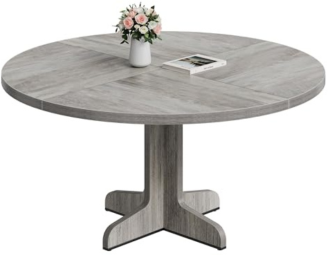 OPULENTHOME Table a Manger Ronde 120 cm, Table Ronde Bois Massif pour 4 à 6 Personnes avec Piètement Stable, Plateau de 4,5 cm d'épaisseur, Patins Réglables, pour la Cuisine et Le Salon, Gris