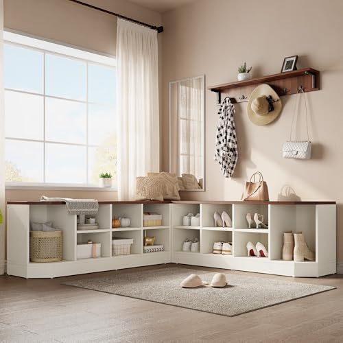 DWVO 61 L-Shaped Shoe Rack with Bench and Hooks, Corner Shoe Cabinet with Hidden Storage, Coat Rack & Seating for Entryway, Hallway, Bedroom, 61 D x 61 W x 18 H, White & Walnut